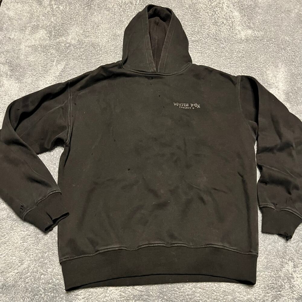 White Fox Project 5 Black Hoodie Mens Small Black on Black Logo Distressed